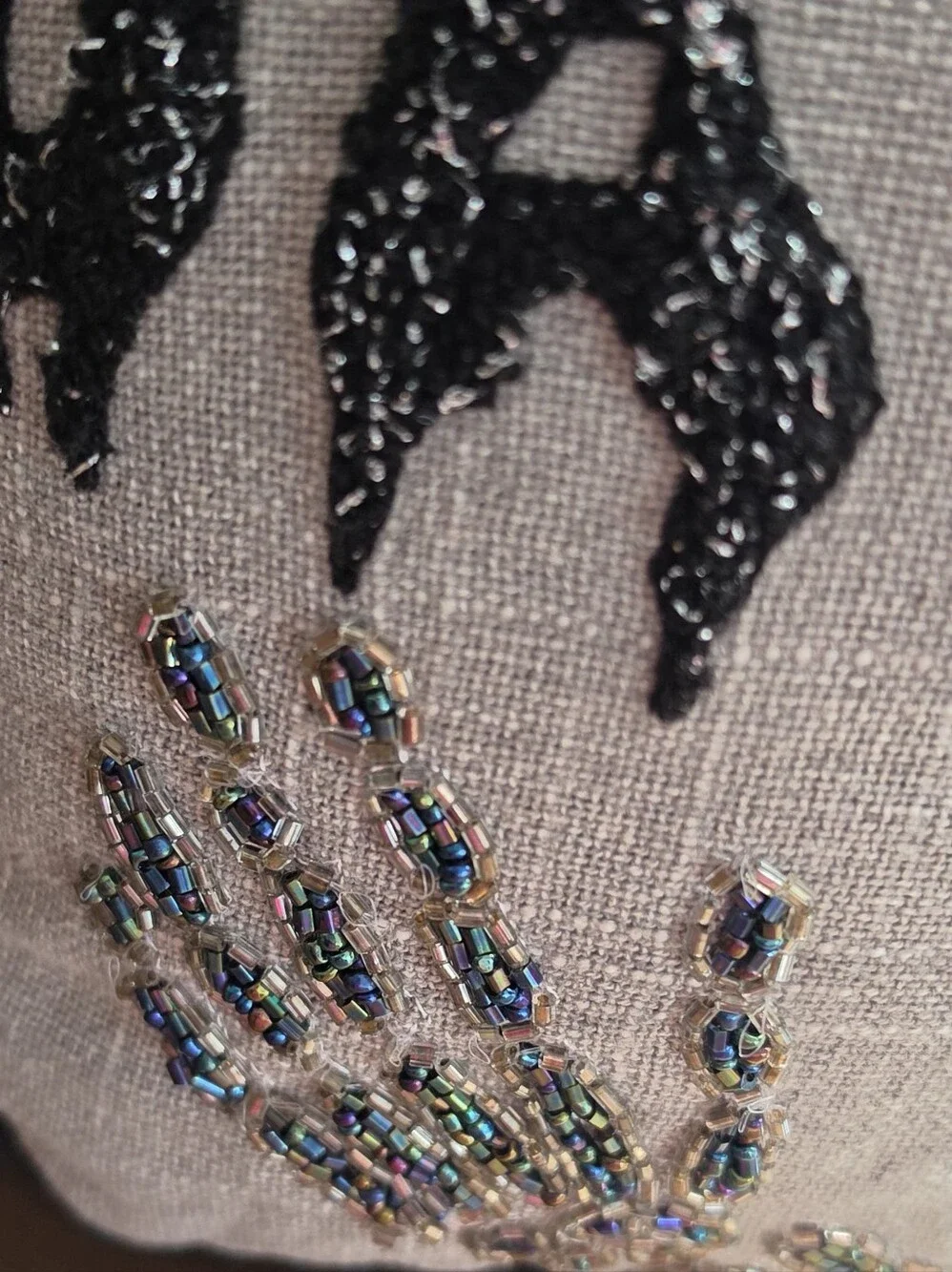 Beaded Coffin Pillow, Black & Grey  'Enter If You Dare' Halloween Pillow Decor